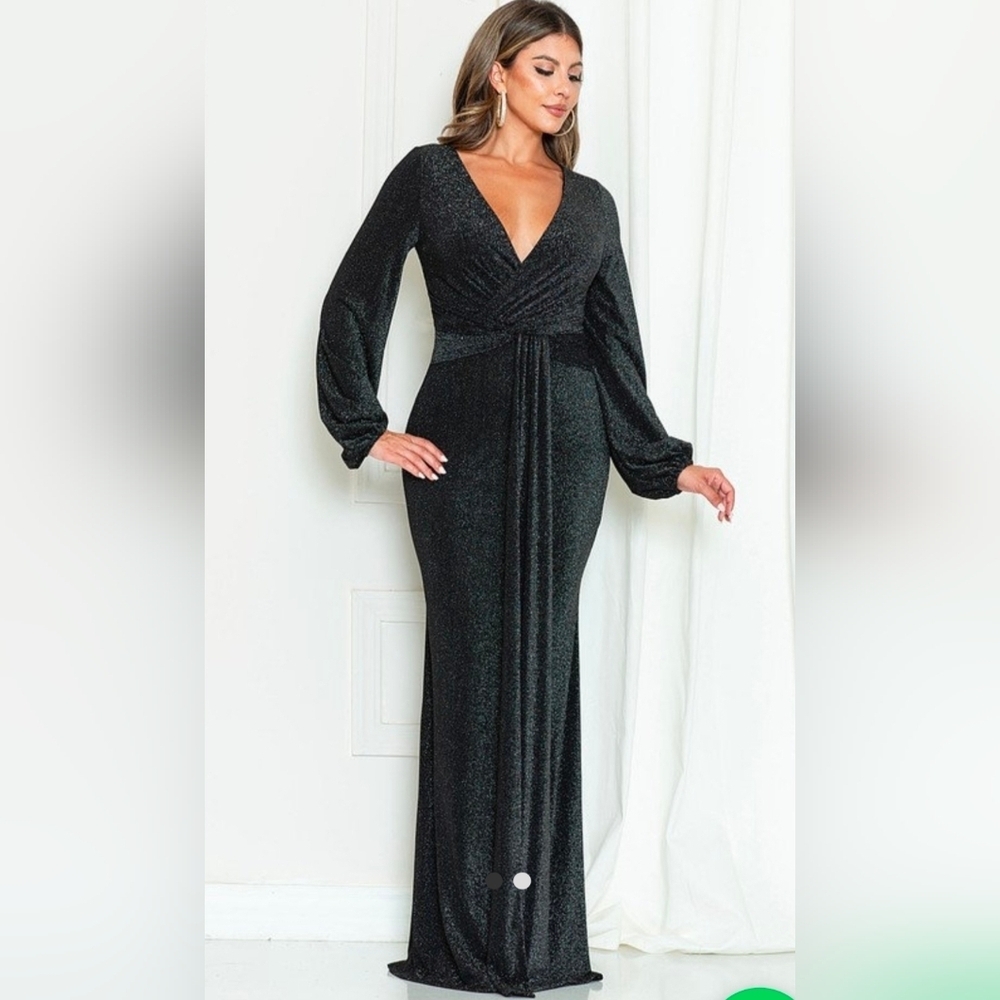 Betsy & Adam Black Sparkling V-Neck Long Sleeve Gown